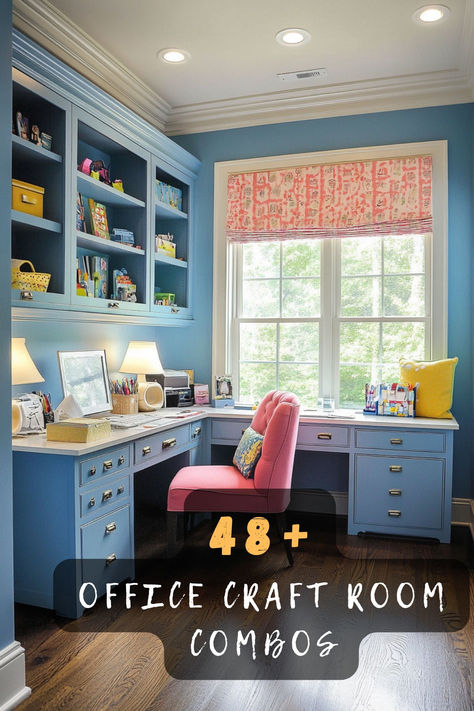 Looking to maximize space with an office and craft room combo? 🎨 Discover 48 creative ideas that blend productivity and creativity seamlessly. Perfect for small spaces, these designs offer clever storage solutions and stylish setups. Click to explore these inspiring office-craft-room combos. #OfficeCraftCombo #SmallSpaceLiving #CreativeSpaces #StylishInteriors #CraftySolutions #ProductiveSpaces #HomeOffice Ikea Office And Craft Room, Small Den And Office Combo, Work And Craft Desk, Home Office Plus Craft Room, Library Sewing Room, Craft Room With L Shaped Desk, Storage Room Office Combo, L Shaped Desk Craft Room, She Shed Office Craft Room