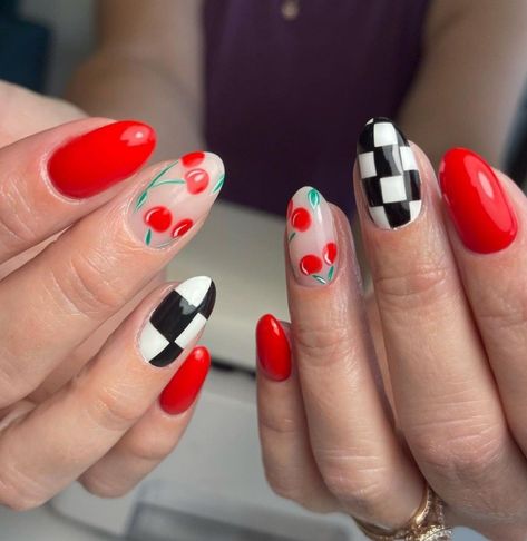 50s Inspired Nails, Cute Funky Nails Summer, 90s Theme Nails, Summer Goth Nails, 50s Nails, Retro Nail Designs, Groovy Nail Art, Funky Summer Nails, Fun Nail Ideas