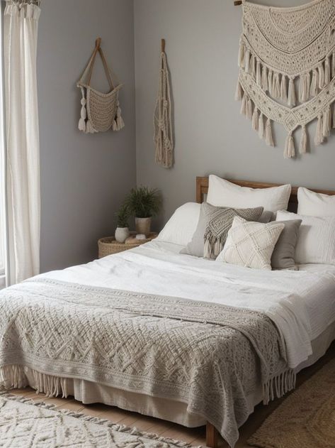 Create a boho-inspired bedroom by painting one wall in a soothing grey hue as an accent. Pair it with a macrame wall hanging, layered rugs, and a mix of patterned throw pillows for a cozy and eclectic vibe. Things For Apartment, Grey Accent Wall, Inspired Bedroom, Layered Rugs, Rv Remodel, Gray Bedroom, Patterned Throw, Patterned Throw Pillows, Grey Walls