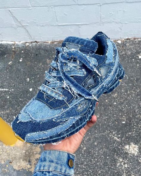 Nigel Xavier on Instagram: "Patchwork Denim Raf Simons Ozweego" Nigel Xavier, Cool Shoes For Men, Shoes For Guys, Denim Photography, Upcycle Shoes, Upcycled Denim Diy, Nike Shoes Women Fashion, Unique Jeans, Cool Shoes