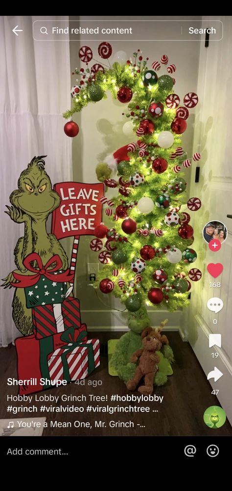 Whimsical Grinch Tree, Green Grinch Christmas Tree, How To Decorate Grinch Christmas Tree, Grinch Room Decor Ideas, Hobby Lobby Grinch Tree Decorated, Grinch Tree Decorating Ideas, Grinch Tree Hobby Lobby, Grinch House Decor, Hobby Lobby Grinch Decor