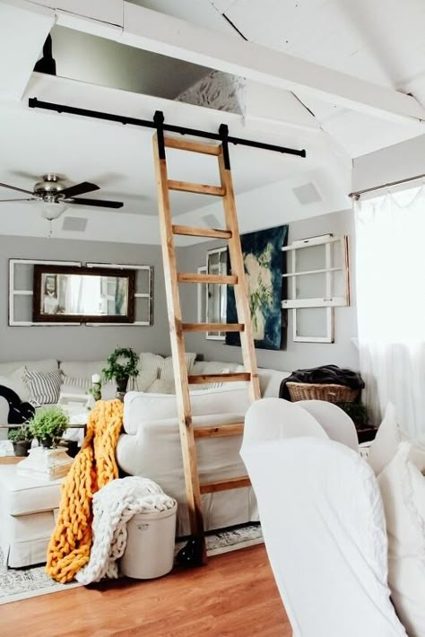 Affordable Hardware, Loft Ladder Ideas, Ladder Loft, Sliding Ladder, Library Ladder, Diy Ladder, Cheap Diy Home Decor, Loft Ladder, Wooden Ladder