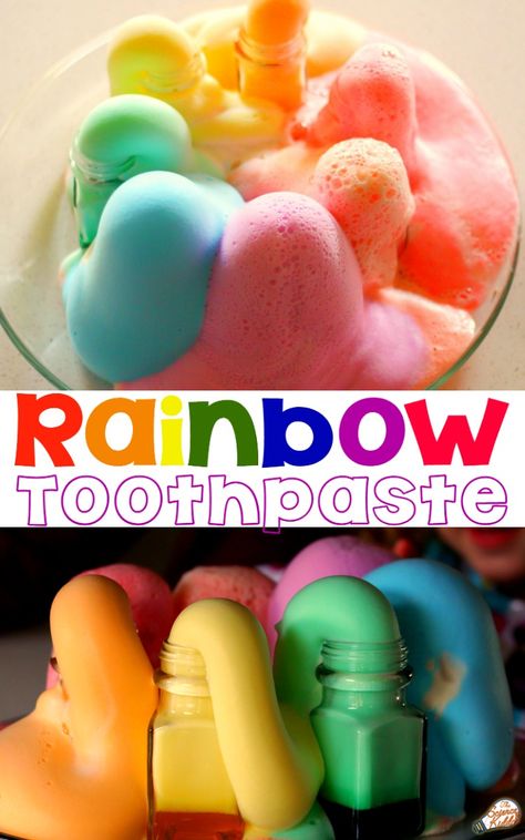 This rainbow science experiment is perfect for kids with a big imagination! It makes magical unicorn toothpaste, a St. Patrick's Day science experiment, or the perfect finale for a science birthday party. A simple science experiment for kids that teaches concepts like thermodynamics, catalysis, and chemical reactions in a bright and colorful way! #sciencekiddo #STEAM #STEM #sciencefair #rainbowscience #kidsscience #scienceforkids Rainbow Science Experiment, Rainbow Science, Experiment Science, Science Chart, Rainbow Explosion, Science For Toddlers, Science Birthday, Simple Science, Scientific Experiment