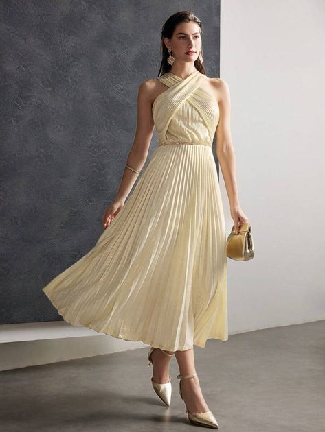 MOTF PREMIUM PLISSE CRISS-CROSS HALTER DRESS | SHEIN EUR Spring Yellow Pleated Midi Dress, Elegant Yellow Pleated Midi Dress, Luxury Midi-length Sleeveless Dress With Pleated Back, Luxury A-line Midi Dress With Pleated Hem, Yellow Pleated A-line Midi Dress, Criss Cross, Dress P, Halter Dress, Dresses