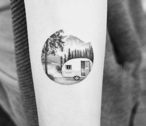 Camp life tattoo by Amanda Piejak Fineline Tattoo Ideas, Camping Tattoo, Fineline Tattoo, Dotwork Tattoo, Detailed Tattoo, World Tattoo, Camp Life, Large Tattoos, Badass Tattoos