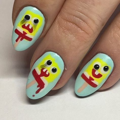 Vanity Projects on Instagram: "Nostalgia you can TASTE! Amazing #spongebob ice cream nails by @ayumutksw #vpayumu using @apresnailofficial #apresgelcouleurs AVAILABILITIES this week! Call NOW to book 📞 646.410.2928  #vanityprojectsnyc #vpofficialig #nailsofinstagram #nailinspo #trendingnails #handpaintednailart #handpaintednails #nailart" Funny Nails Design Hilarious, Crazy Fun Nails, Sponge Bob Nail Art, Hot Dog Nails, Silly Nail Art, Cringe Nails, Weird Nail Designs, South Park Nails, Single Nails