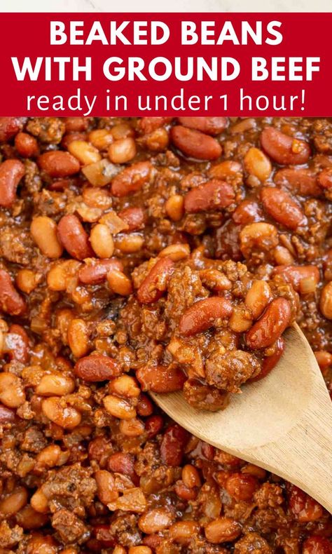 A quick and easy baked beans recipe! These Baked Beans with Ground Beef are thick and saucy, delicious, hearty, filling. Like a thick chili, but with a sweet & savory BBQ sauce. They make a great side dish or can be served as the main course for a family-friendly dinner. These one-pot baked beans are ready in under an hour and use only simple ingredients. Ground Beef Baked Beans, Side Dish For A Crowd, Baked Beans With Hamburger, Labor Day Food Ideas, Labor Day Food, Baked Beans With Ground Beef, Beans With Ground Beef, Dish For A Crowd, Baked Bean Casserole