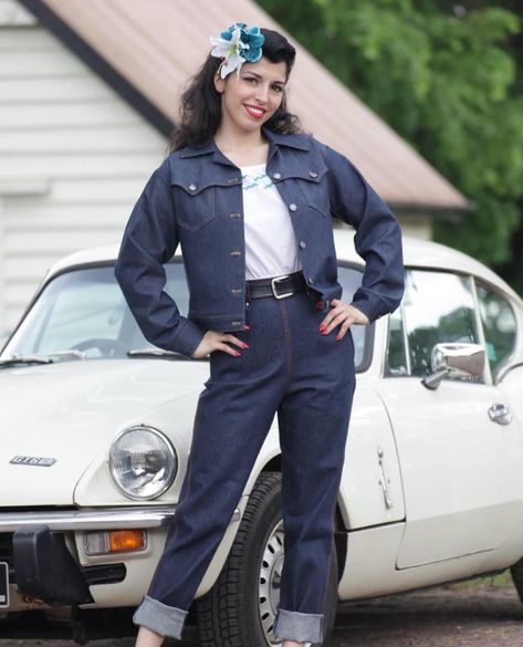 50’s Outfits, Double Denim Fashion, 1950s Jeans, Most Flattering Jeans, Outdoor Fashion Photography, 1950s Jacket, Flattering Jeans, Retro Jeans, Perfect Denim