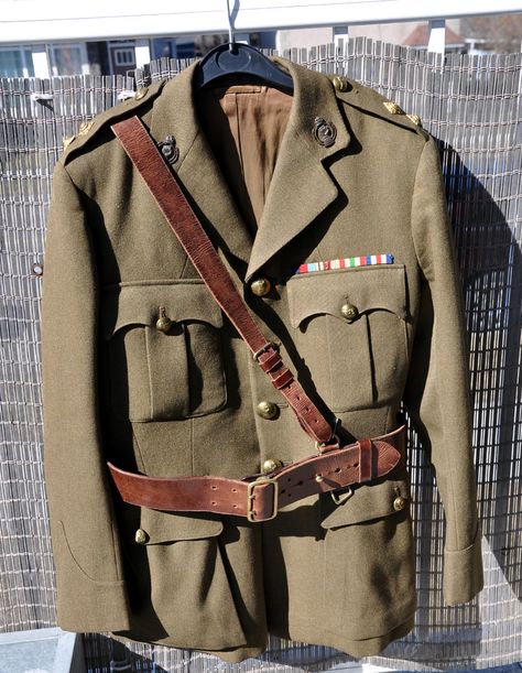 A WW2 Royal Armoured Corps service dress named to Lieutenant J. Greaves of Rawtenstall Lancashire (luggage tag found in pocket). It has medal ribbons for service in Africa, Italy, and France & Germany, and sports his Sam Browne belt. Sam Browne Belt, Military Dress Uniform, Military Dress, Medal Ribbon, Dress Name, British Empire, Military Uniforms, Army Uniform, Military Uniform