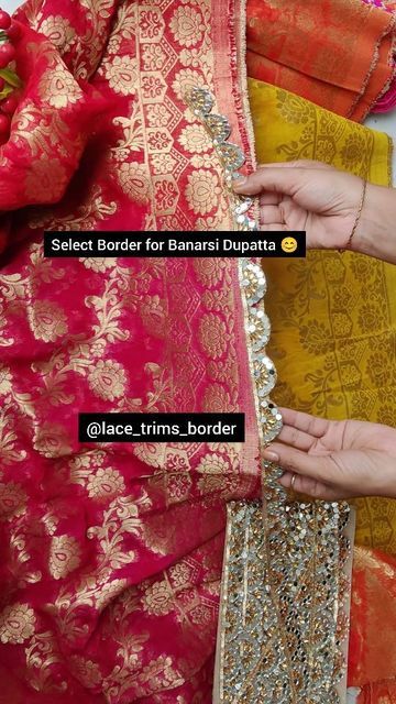 IndianZariHouse on Instagram: "1st mirror lace sold out How to select Border for Banarsi Dupatta? @lace_trims_border Selling roll only No cod/Return Available till stock only" Laces For Lehenga Border, Laces For Blouse Border, Laces For Sarees Border, Silk Saree With Lace Border, Saree Border Designs Lace, Lace For Dupatta, Banarsi Dupatta, Neha Singh, Mirror Lace