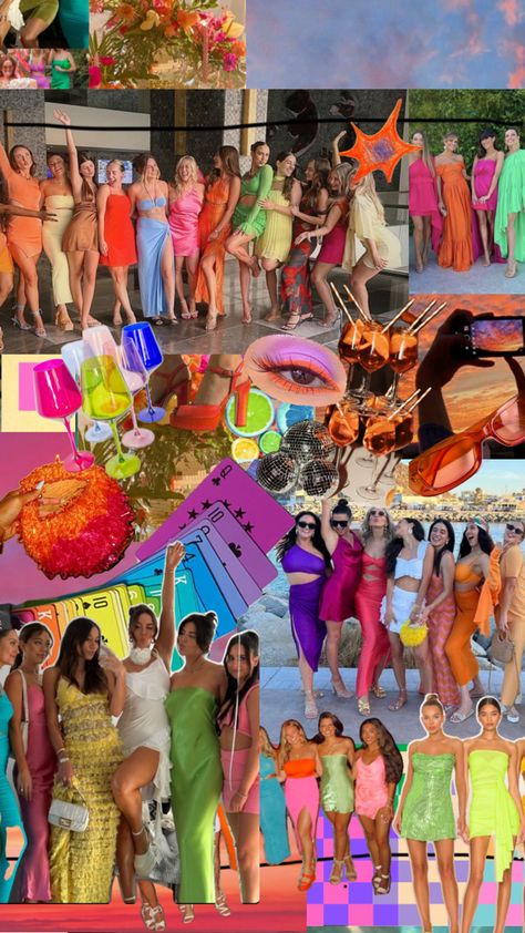 Miami Boat Party Outfit, Summer Themed Party Outfit, Rio Themed Party, Colourful Party Outfit, Ibiza Themed Party Outfit, Miami Club Aesthetic, Rio Themed Birthday Party, Neon Bachelorette Party Outfits, Miami Vice Party Theme