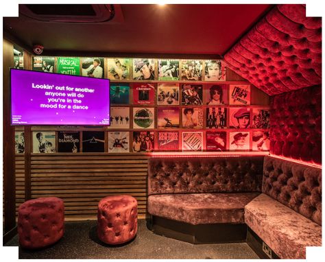 Karaoke Room Home, Karaoke Room Aesthetic, Karaoke Bar Aesthetic, Bar Area Design, Garage Lounge, Karaoke Room, Flex Space, London Party, Room London