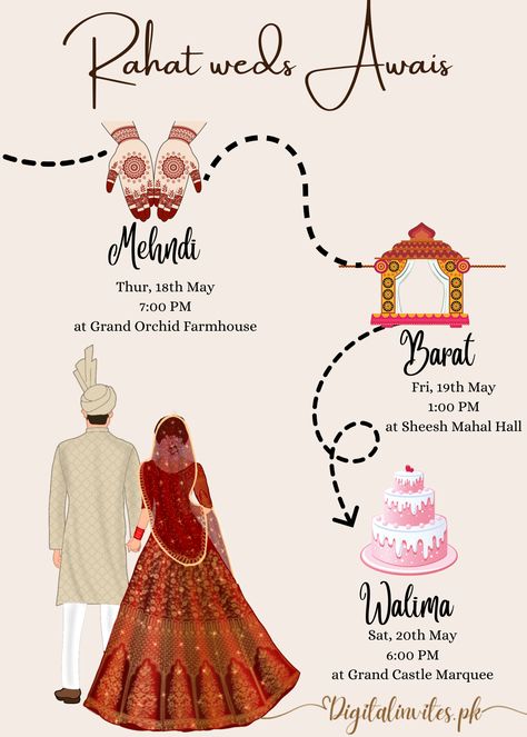 Complete Digital Wedding Invitation Illustrations Nikkah Wedding, Wedding Cards Images, Wedding Illustration Card, Couple Illustration Wedding, Wedding Couple Cartoon, Wedding Illustrations, Shadi Card, Digital Wedding Invitations Templates, Wedding Card Design Indian