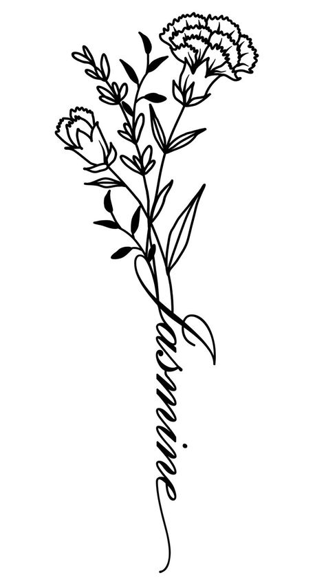 Carnation Tattoo With Name In Stem, Carnation Flower Tattoo Arm, Carnation Tattoo Outline, Carnation Flower Tattoo Design, Calligraphy Tattoo Design, Name Flower Tattoo, Carnation Flower Tattoo, Tattoo Calligraphy, Flower Tattoo Stencils