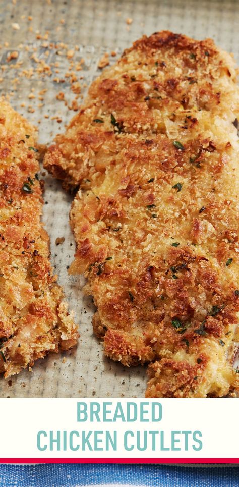 Recipe of the Day: Breaded Chicken Cutlets 😋 If you're looking for a simple weeknight meal, chicken cutlets are always there for you. Whether you plate them with potato salad and broccoli rabe or layer them into a sandwich, they're a quick dish to pull off and always a family favorite. Our recipe developers found that pan-frying and finishing in the oven is the key to achieving the crispiest texture. Dinner Ideas With Chicken, Easiest Dinner, Fried Chicken Cutlets, Chicken Cutlet Recipes, Breaded Chicken Cutlets, Pan Frying, Cutlets Recipes, The Food Network, Quick Dishes