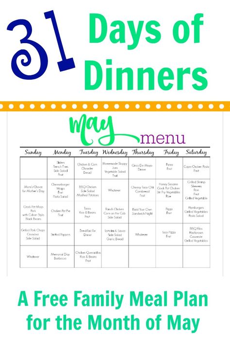 May Meal Plan for Families (& Free Printable) - The Chirping Moms Meal Plan For Family, Family Meal Planning Healthy, Free Family Printables, Meal Calendar, Plane Food, Crockpot Recipes Healthy, Seared Chicken Breast, Dinner Aesthetic, Meal Planning Menus