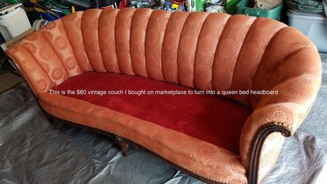 Bought this vintage sofa for $80 and am transforming it into queen bed headboard  Next I will add plywood panel as a mattress support and build a box under to s… Vintage Headboards For Beds, Couch Headboard, Headboard For Bed, Diy Wallpaper Headboard, Bathroom Light Fixtures Ceiling, Farmhouse Bedroom Set, Dollar Store Mirror, Couch Makeover, Simple Bed Frame