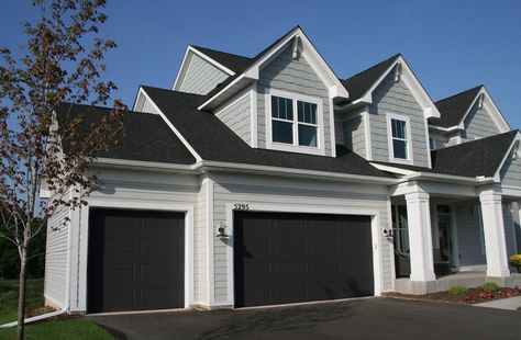 Black And Grey House Exterior, Gray And Black House Exterior, Gray Siding House, Grey Siding House, Grey Garage Doors, Black Garage Door, Black Garage Doors, Garage Door Colors, Garage Door House