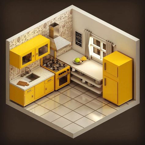 Isometric Kitchen Design, Low Poly Interior Blender, Isometric Kitchen, House Flippers, Isometric Design, Simple Interior, Home Building Design, Sims House, Mini House