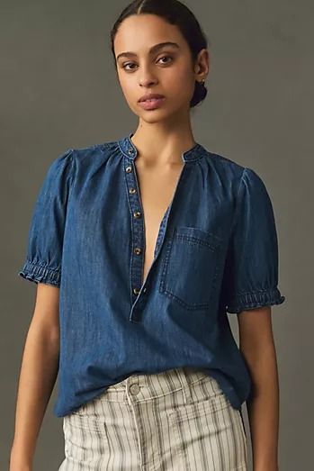 Back-In-Stock Clothing | Anthropologie Womens Work Blouses, Blouse 2024 Trend, Sezane Aesthetic, Denim Blouse Outfit, Mexico Fashion, Western Summer, Feminine Blouses, Unique Blouse, Casual Styles