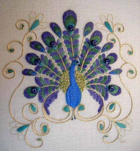 Maree Talbot - Embroidery Designers - Gumnut Yarns Embroidery Peacock, Embroidered Peacock, Peacock Embroidery Designs, Peacock Embroidery, Hmong Embroidery, Kutch Work, Hand Work Embroidery, Peacock Design, Crewel Embroidery