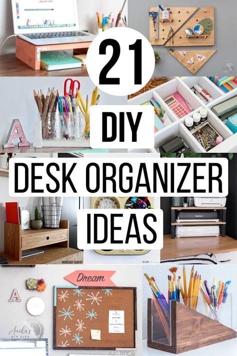 Easy DIY desk organizer ideas to get your workspace organized. These include easy scrap wood projects and upcycled ideas. #organization #homeoffice #anikasdiylife Diy Desk Organizer Ideas, Desk Organizer Ideas, Diy Bureau, Easy Diy Desk, Diy Desk Organizer, Work Desk Organization, Desk Organization Ideas, Diy Office Desk, Upcycled Ideas