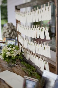 table assignment idea: hung in rows on an old picture-frame with a bit of greenery and rustic white blooms around it Wedding Table Assignments, Rustic Card Box Wedding, Table Assignments, Seating Plan Wedding, Card Box Wedding, Seating Plan, Seating Chart Wedding, Wedding Places, Wedding Seating