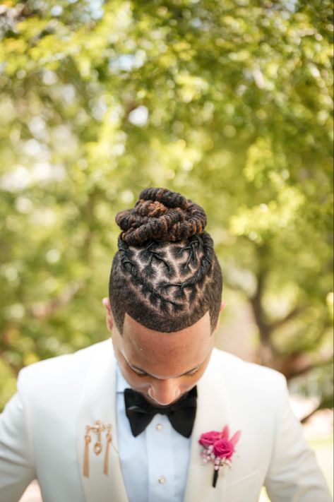 Fresh retwist with rope twist bun for a sophisticated groom Crown Dreadlock Styles, Men Dread Styles Updo, Groom Locs Hairstyles, Formal Dreadlock Hairstyles For Men, Professional Dreadlock Hairstyles Men, Prom Loc Hairstyles Men, Men Wedding Loc Styles, Formal Loc Styles For Men, Wedding Locs Hairstyles Men