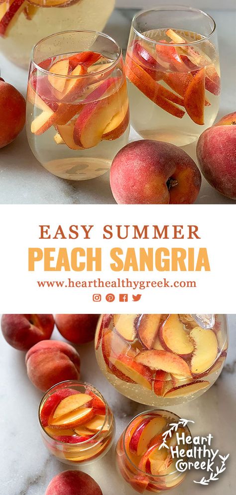 This recipe for Peach Sangria is light, crisp, and refreshing. It's made with just 3 ingredients and no added sweeteners! Make a big batch to bring to all your summer pool parties and bbq's. #sangriarecipes #peachsangria #sangria #sangriarecipeeasy Memorial Day Pool Party Food, Peach Sangria Recipes Easy, White Peach Sangria Recipe, Peach Wine Sangria, Peach Sangria Moscato, Healthy Greek Recipes, Peach Sangria Recipes, Easy Sangria Recipes, Pool Party Food