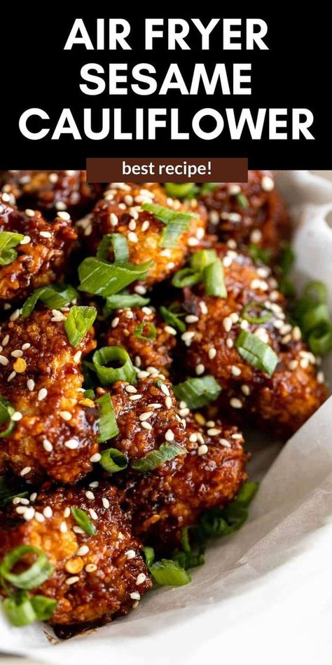 This crispy air fryer sesame cauliflower is easy to make, gluten free, vegan and perfect for a simple appetizer or dinner. These cauliflower wings are crispy and easy to make. Sesame Garlic Sauce, Air Fryer Cauliflower Wings, Healthy Meal Ideas For Dinner, Easy And Quick Dinner Recipes, Sesame Cauliflower, Salmon Crispy, Simple Stir Fry, Baked Fish Tacos, Dairy Free Pasta Recipes