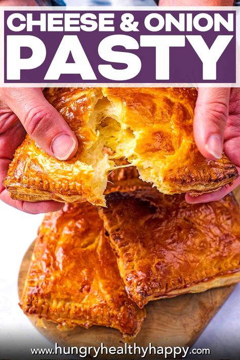 Who doesn't love a Greggs pasty? These Cheese and Onion Pasties are total comfort food on the go, and they taste just like the ones you get in Greggs, but BETTER! A delicious combination of mature cheddar, potato and onion, all pouring out of crisp and flakey puff pastry. Quick And Easy Salads, Savory Hand Pies Recipes, Cheese And Onion Pasty, Pasty Recipe, Cheese And Onion Pie, Craving Recipes, Pasta Soup Recipes, Veggie Mains, Hand Pies Savory