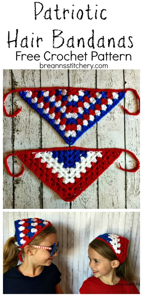 Looking for an easy and festive crochet project? I busted out two of these in about one hour! I was working on a top and it felt like it was taking foreverrrrrrrrrrrr. I needed something quick and cute, so put down what I was working on and I whipped up a couple of these Patriotic Hair Bandanas! Instant gratification. I used the ever so versatile granny stitch. Is there anything you can’t make with a granny stitch? I think these girls are ready for 4th of July festivities! I used acrylic wors... Crochet 4th Of July, 4th Of July Crochet, Hair Bandanas, Patriotic Crochet, Hantverk Diy, Hair Bandana, Granny Stitch, Crochet Bandana, Instant Gratification