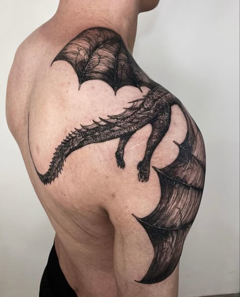 Masculine Dragon Tattoo, Caraxes Dragon Tattoo, Dragon On Shoulder Tattoo, House Of The Dragon Tattoo Ideas, American Dragon Tattoo, Dragon Skeleton Tattoo, House Of The Dragon Tattoo, Dragon Shoulder Tattoo, Valentine Tattoos