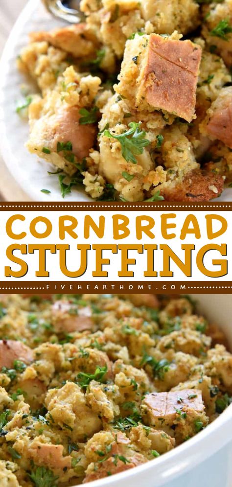 What every Thanksgiving dinner party menu needs! It's the ULTIMATE cornbread stuffing recipe. Customized with garlic, herbs, and other add-ins, this cornbread and French bread stuffing is a flavorful yet easy Thanksgiving side dish! Stuffing Recipes With Cornbread, French Bread Stuffing, Easy Cornbread Stuffing, Jiffy Cornbread Stuffing, Corn Bread Stuffing, Cornbread Stuffing, Thanksgiving Vegetables Side Dishes, Thanksgiving Vegetable Sides, Cornbread Stuffing Recipes