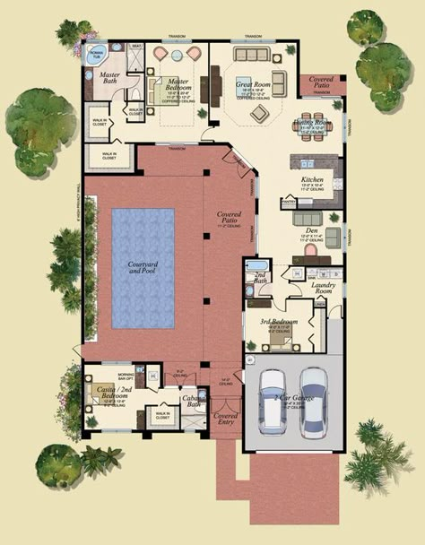 Spanish Courtyard House, U Shaped House Plans, L Shaped House Plans, U Shaped Houses, Spanish Courtyard, Indoor Pool House, L Shaped House, Courtyard Pool, Indoor Pools