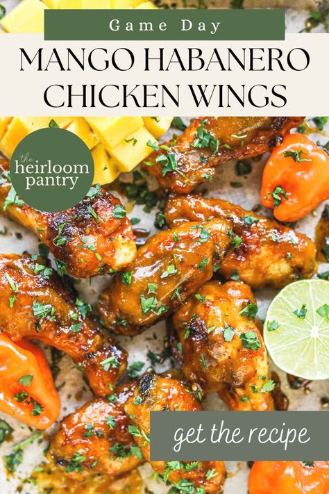 Mango Habanero Chicken Wings Mango Habanero Wings Recipe, Mango Habanero Chicken Wings, Mango Habanero Chicken, Mango Habanero Wings, Boneless Wing Recipes, Habanero Wings, Habanero Chicken, Grilled Drumsticks, Mango Habanero Sauce