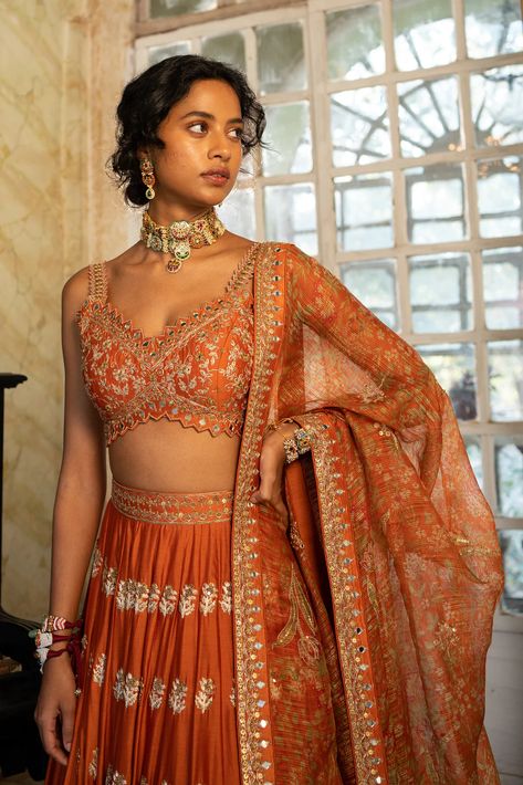 Rust Color Lehenga, Rust Indian Outfit, Rust Orange Saree, Burnt Orange Saree, Rust Orange Lehenga, Rust Anarkali, Burnt Orange Lehenga, Orange Indian Outfit, Rust Lehenga