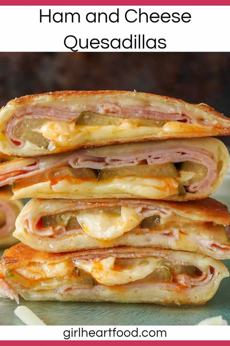 These ham and cheese quesadillas are loaded with melty cheese, savoury ham, pickle and hot sauce for one delicious combination! Plus, this easy quesadilla recipe comes together in under 30 minutes and makes for such a comforting dinner or lunch idea. #hamandcheesequesadillas #easyquesadillarecipe #hamquesadillas #quesadillaswithham #under30minutes Quesadilla Maker Recipes, Best Quesadilla Recipe, Easy Quesadilla, Quesadilla Recipes Easy, Quesadilla Maker, Food Sandwiches, Cheese Quesadillas, Savory Ham, Comforting Dinner