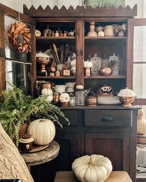 Fall Cabinet Decor, Hutch Styling, Copper Pumpkins, Antique Hutch, Autumn Farmhouse, Autumn Cottage, Vintage Fall Decor, Fall Cottage, Vintage Vignettes