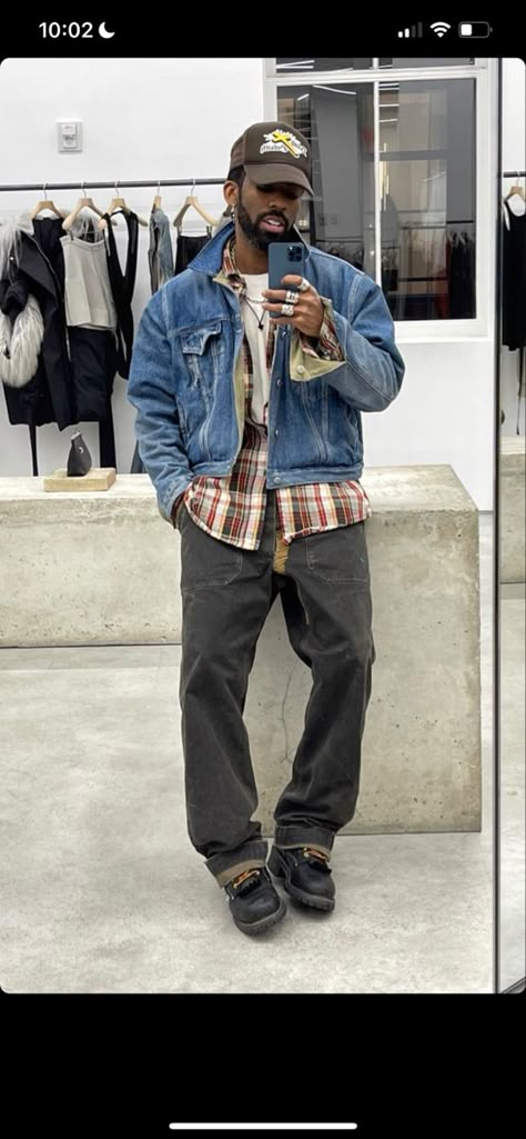 Jean Jacket Men Outfit, Blue Jean Jacket Outfits Men, Blue Denim Jacket Outfit Men, Vintage Denim Outerwear For Streetwear, Type 2 Denim Jacket Outfit Men, Winter Streetwear Relaxed Fit Denim Jacket, 90s Style Denim Blue Streetwear Jacket, Mens Thrift Fashion, Fall Mens Fashion