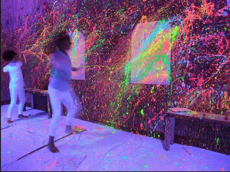 Date Night Activities, Party Shed, Rage Room, Uv Paint, Glow In Dark Party, Museum Education, Night Activities, Paint Splats, Neon Room