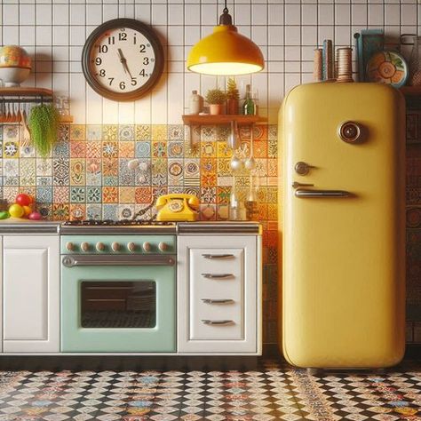 15 Vibrant Retro Kitchen Decor Ideas for Nostalgia 70s Home Aesthetic, Home Aesthetic Kitchen, Colorful Appliances, 70s Kitchen, Retro Pendant Lights, Retro Appliances, Retro Color Palette, 70s Home, Kitchen Decor Ideas