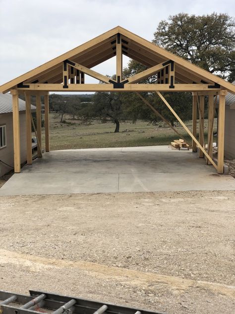 Exposed Trusses Outdoor, Timber Frame Trusses, Exterior Truss Design, Timber Truss Design, Roof Structure Design, Fish Camp House, Wood Roof Structure, Timber Trusses, Timber Frame Pavilion