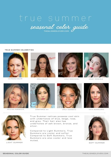 Summer Seasonal Color Analysis, True Summer Hair Color Blondes, Cool Summer Colour Palette, Best Hair Colors For True Summer, Classic Summer Color Palette, True Cool Summer Color Palette, The Aligned Lover, Summer Seasonal Color Palette, Cool Summer Brunette