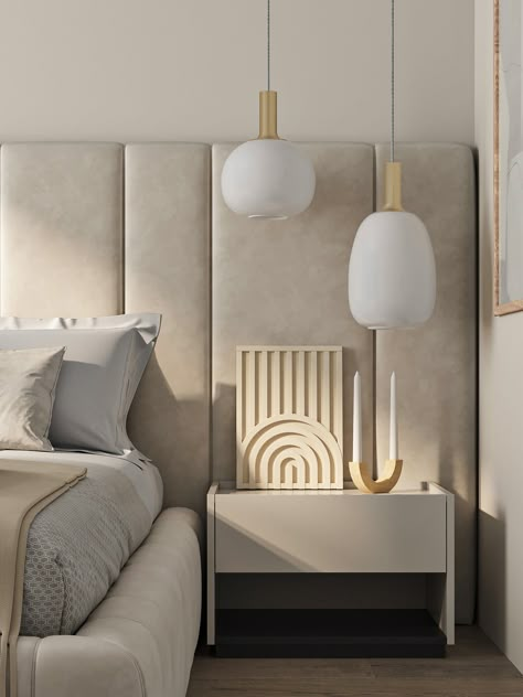 Bedroom. warm beige on Behance Warm Beige Bed, Guest Bedroom Ideas Contemporary, Grey Beige Bed, Master Bedrooms Beige, Headboard Ideas Bedroom Modern, Beige Beds, Cream Headboard Bedroom Ideas, Grey Beige Bedroom, Beige Headboard Bedroom