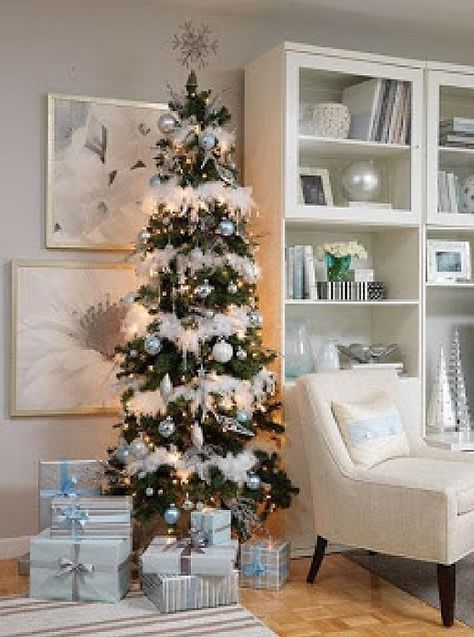 7 ft Green Artificial Pencil Slim Christmas Tree pre-lit with 300 lights. Unusual Christmas Trees, White Christmas Tree Decorations, Slim Christmas Tree, Pencil Christmas Tree, Unique Christmas Trees, Tree Decorating, White Christmas Decor, Beautiful Christmas Trees, Primitive Christmas