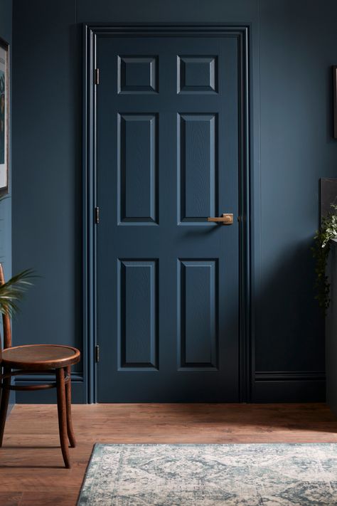 Blue Door Bedroom, Enamel Matt Finish Door, Navy Internal Doors, Wall And Door Same Color, Blue Internal Doors, Dark Blue Trim Interior, Navy Blue Doors Interior, Dark Blue Interior Doors, Wall And Door Color Combination