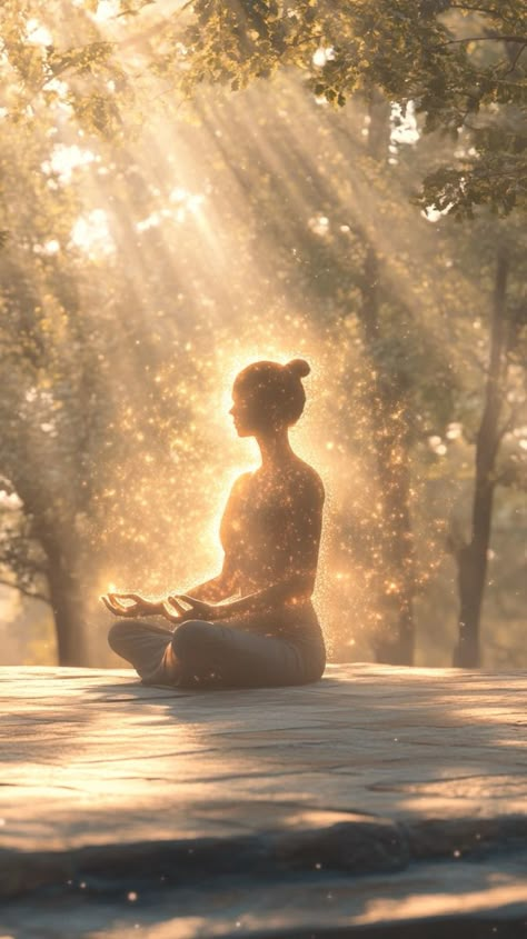 This captivating image showcases a serene figure in deep meditation, enveloped by a warm, golden glow and surrounded by soft sparkles of light. The scene embodies the essence of peace, mindfulness, and inner radiance, reminding us of the transformative power of stillness and spiritual connection. Set in a tranquil natural environment, this visual is perfect for inspiring calmness, meditation practice, and personal reflection Art Spirituality, Vision Board Themes, Vision Book, Vision Board Pics, Vision Board Images, Manifesting Vision Board, Vision Board Manifestation, Visual Board, Vision Board Inspiration