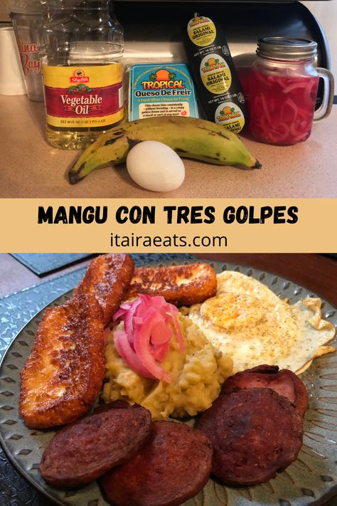 his dominican breakfast is truly something special. Mangu is mashed green plantains that usually topped with red onions. The tres goples I've learned is the "three hitters" and thats the accompaniment on the cheese, salami, and eggs. Dominican Home Decor, Dominican Salami Recipes, Dominican Breakfast Recipes, Dominican Lunch Ideas, Easy Dominican Food Recipes, Mangu Dominicano Recipes, Easy Dominican Recipes, Dominican Breakfast Ideas, Caribbean Breakfast Ideas