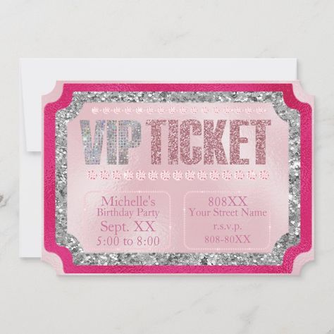 Bday Invitation Card, Ticket Party Invitations, Pink Tickets, Vip Ticket, Bday Party Invitations, Invitation Card Birthday, Glitter Pattern, Bday Invitations, Custom Party Invitations